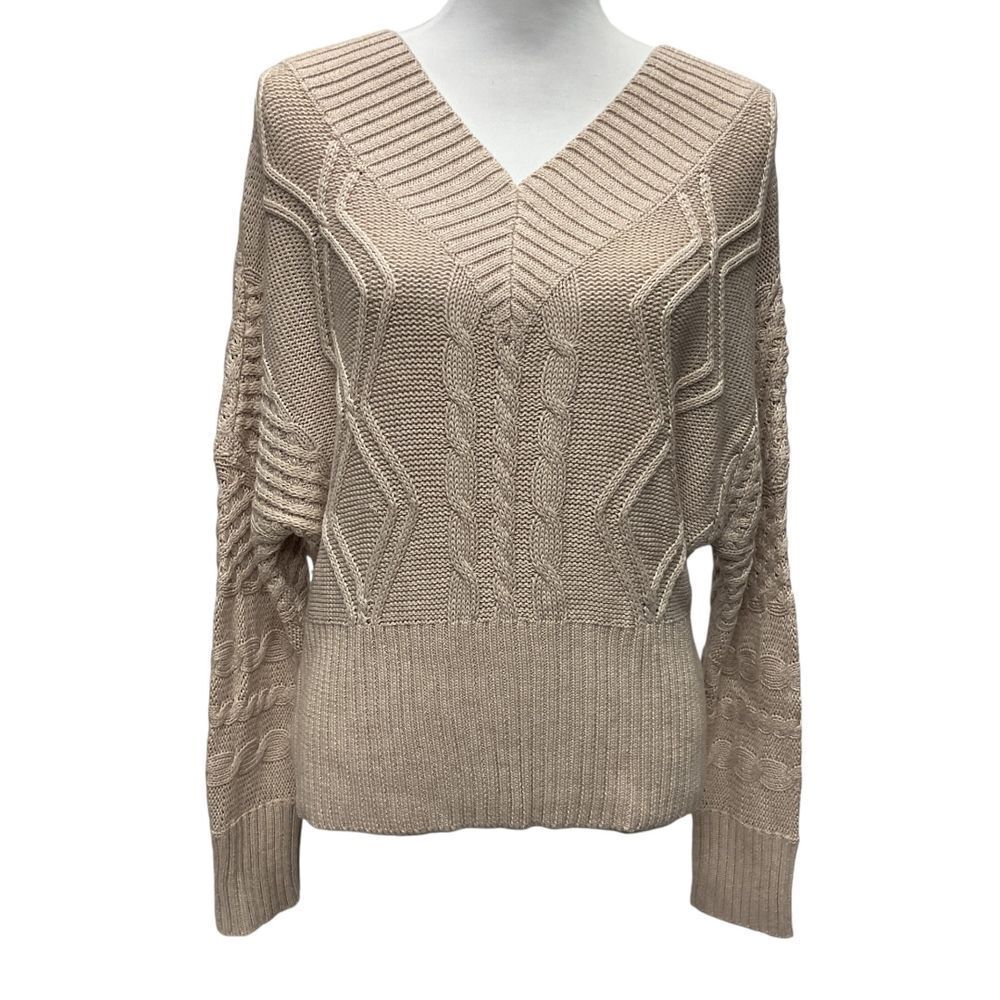 Minkpink Revolve Women's Size M Chunky Cable Knit V-Neck Pullover Sweater Tan